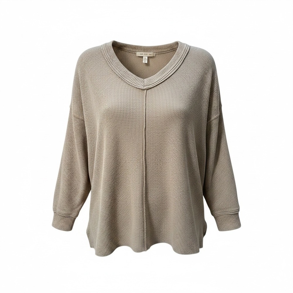 Aerie Waffle Knit Sweatshirt Women XXL Tan V-Neck Oversized Boho Cozy Loungewear